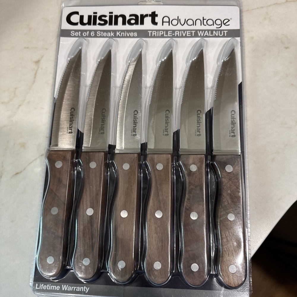 Cuisinart Advantage Steak Knives Triple Rivet Walnut handle Set of 6 NEW